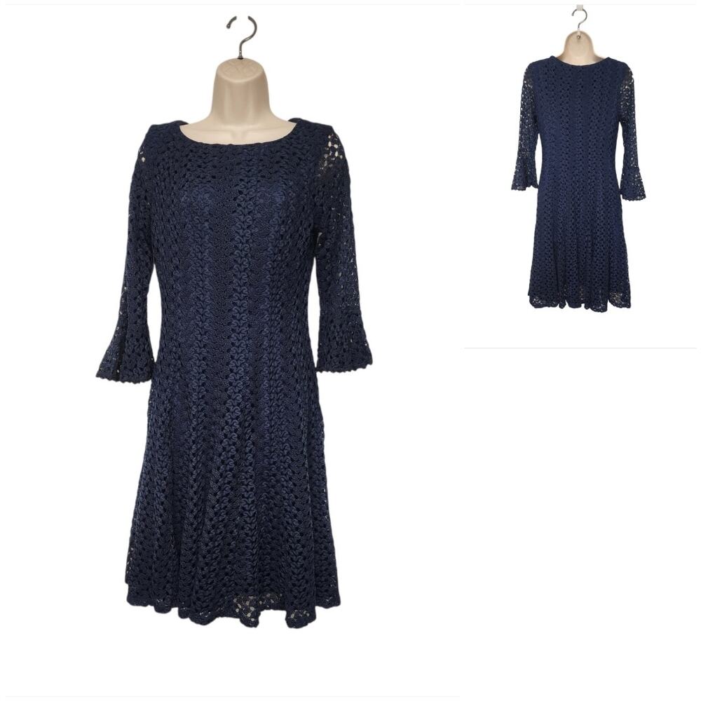 Rabbit Rabbit Rabbit Designs Womens Navy Blue Eyelet Lace Crochet Dress Size 10